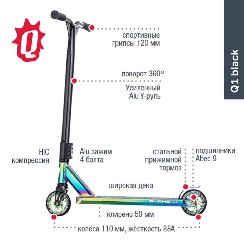Самокат трюковой QUAKE Q1 Death черный/цветная гальванизация (44072)